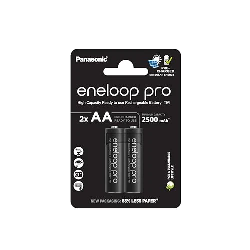 eneloop pro, AA/Mignon NI-MH Akku, 2er-Pack, Kapazität mit min. 2500 mAh, Ready-to-Use NI-MH Akkus, bis zu 500 Mal wiederaufladbar, plastikfreier Verpackung, pro, schwarz