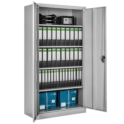 tectake 800598 Armoire de rangement en acier, armoire de portes battantes - Plusieurs modèles (Gris clair)