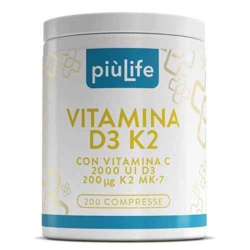 Offerta a tempo: Vitamina D3 K2 Mk7 Con Vitamina C PiùLife – 200 Compresse – 1 Al Giorno, Vit D3 2000 UI, K2 200µg – Sostiene ossa forti, difese naturali e l’equilibrio di calcio e fosforo - 0.00% da 17.90 € a 17.90 €