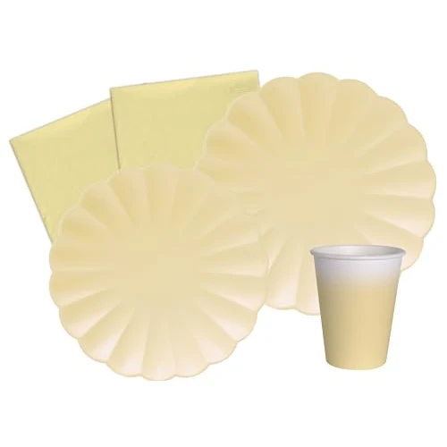 Zeitlich begrenztes Angebot: Partygeschirr Party-Set Flower Shape für 8 Personen (44 pcs: 8 Pappteller Ø23cm, 8 Pappteller Ø18cm, 8 Becher 250ml, 20 Servietten 33x33cm) aus eco-Friendly kompostierbarem Papier, Pastellgelb von 10.58 € auf 10.58 € (0.00% Ra
