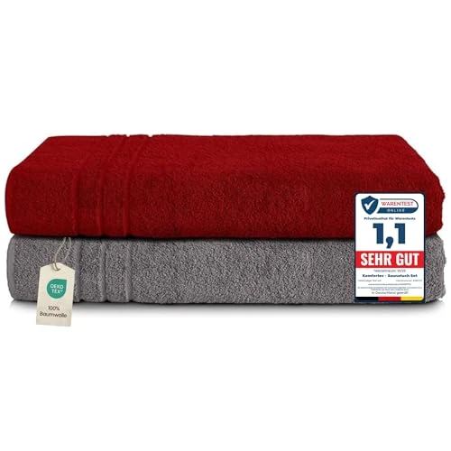 Offerta a tempo: Komfortec Asciugamani 2 per Sauna 80x200 cm in 100% Cotone,470 g/m², Asciugamano Doccia Grande, Morbido, Asciugatura Rapida, Grigio antracite/Aurora rossa - 18% da 30.99 € a 25.40 €