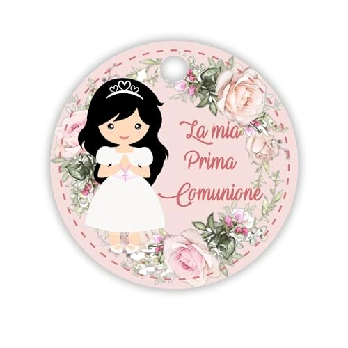 30 pezzi, Cartellini Prima Comunione Stampati per bomboniera 35 mm, confetti, rosa, etichette, comunione, bimba (C35-C)