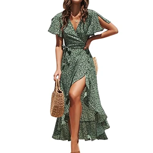Offerta a tempo: CUPSHE Abito Maxi Estivo Avvolgente da Donna Abito Casuale con Spacco Maniche Svasate a V Stile Ditsy Vita Regolabile con Nastro Volant per la Spiaggia - 0.00% da 44.99 € a 44.99 €