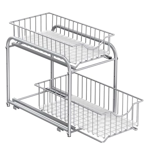 SONGMICS Organizzatore da Cucina, Scaffale a 2 Ripiani Estraibili per Armadietto, Organizzatore Impilabile Sottolavello con Cassetti Portaoggetti, per Cucina, Bagno, Grigio Tortora KCS017E01V1