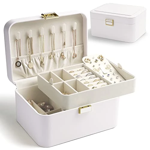 KAMIER Jewelry Organizer Box – 2 Layers, Luxury Leather & Soft Velvet Lined, Large Capacity for Earrings, Bracelets, Rings, and Necklaces, Elegant White, Gift Box Packaging