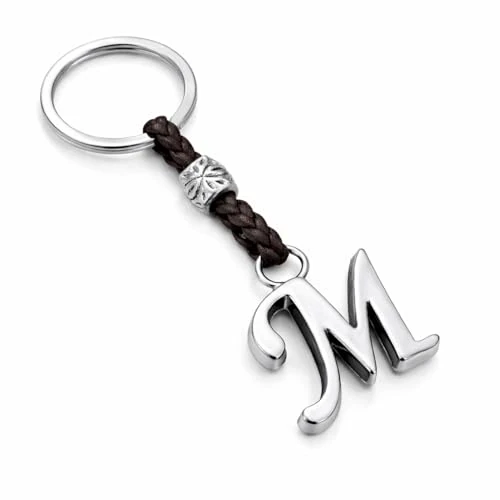 ASTER ALHELÍ - Portachiavi con Iniziali del Nome Personalizzato - Portachiavi Cuoio Lettere e Perline in zama placcate in Argento - Uomo o da Donna con Iniziale - Ideale per i Regali (M)