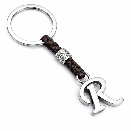 ASTER ALHELÍ - Portachiavi con Iniziali del Nome Personalizzato - Portachiavi Cuoio Lettere e Perline in zama placcate in Argento - Uomo o da Donna con Iniziale - Ideale per i Regali (R)