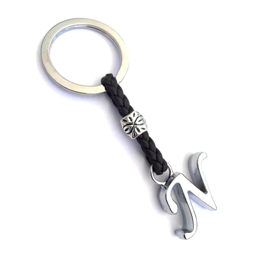 Personalised Leather Keyring with Initial – Silver Plated Letter Key Chain for Men & Women – Handmade Brown Leather Keyring – Gift for Him, Her, Birthday, Anniversary – ASTER ALHELÍ (N)