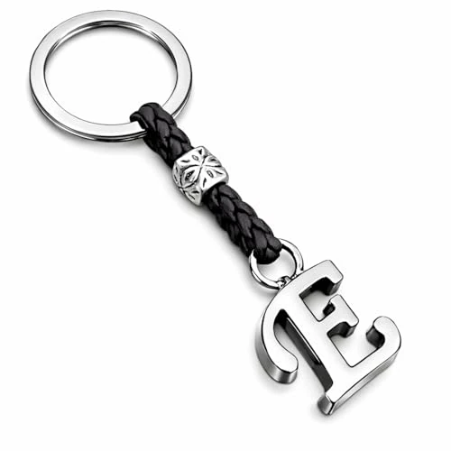 ASTER ALHELÍ - Porte-clés Homme ou Femme en Cuir Avec Initiales - Lettres et Perles en zamak Argenté - Porte Cles Personnalisée (E)