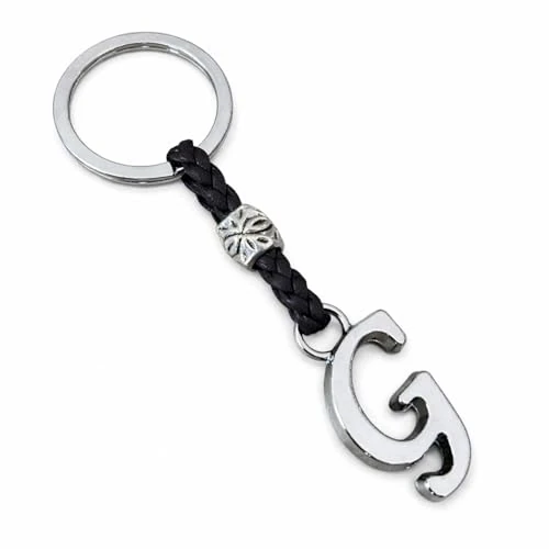 ASTER ALHELÍ - Llavero de Cuero con Iniciales Personalizado - Letras y abalorios de zamak Chapado en Plata - Llavero para Hombre o Mujer - Ideal para Regalo (G)