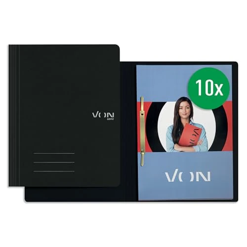 VON Leitz 10er Pack Schnellhefter A4, 100 % Recycling-Karton, Für 250 Blatt, Mit Heftmechanik, Leichter Softcover-Ordner mit modernem VON Leitz-Aufdruck, Schwarz, 30160095