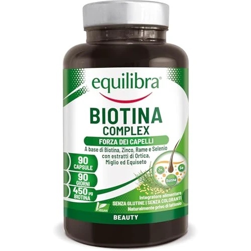 Equilibra, Biotina Complex, Bienestar del Cabello y las Uñas, Dosis Elevada de Biotina, Zinc, Cobre, Selenio, Extractos de Ortiga, Mijo y Equiseto, 90 Cápsulas