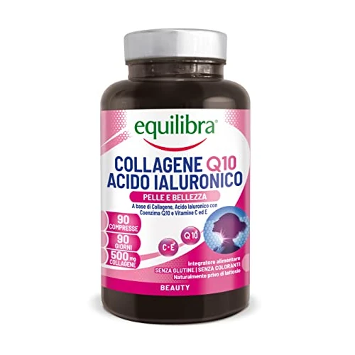 Equilibra Complemento alimenticio, Colágeno Q10 Ácido Hialurónico, Bueno estado de la piel, a Base de Colágeno Hidrolizado, Ácido Hialurónico, Coenzima Q10, Vitaminas C y E, 90 Comprimidos
