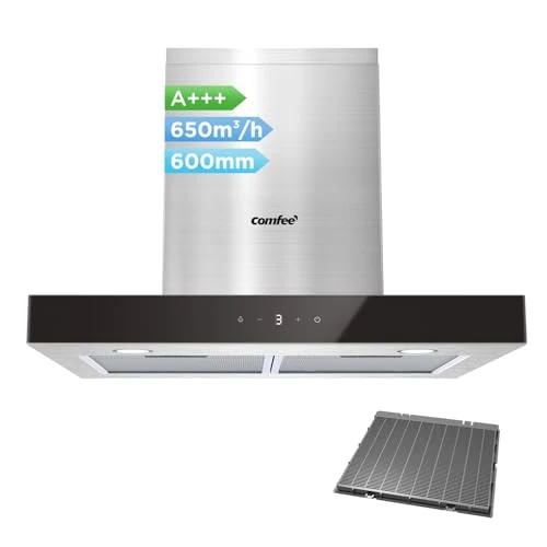 COMFEE ' TSHM77SS-60 Range Hood 60 cm Class A+++ Stainless Steel Cooker Hood 650 m³/h with LED, Recirculation and Ducting System and Carbon Filters
