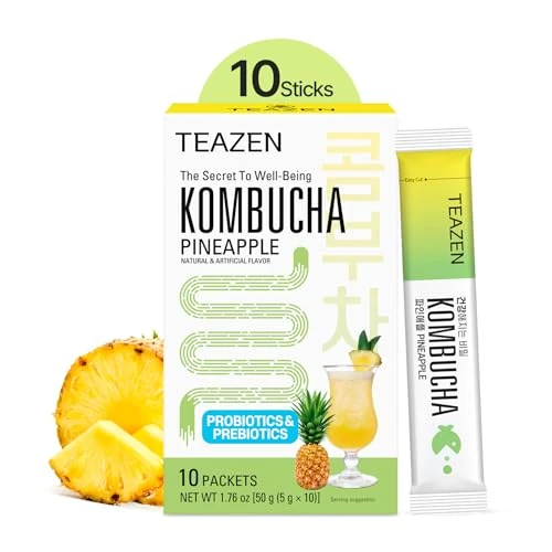 Offerta a tempo: TEAZEN - Kombucha Ananas – Tè Fermentato Probiotico Istantaneo – 10 Bustine – Senza Zucchero, Vegano, Basso in Calorie – Preparato per Bevanda Tropicale Coreana con Prebiotici - 0% da 14.90 € a 14.90 €