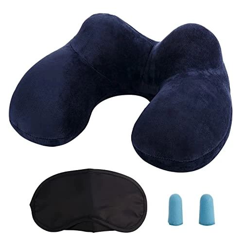LUZWAY Cuscino da Viaggio Gonfiabile Cervicale Collo Cuscini di Supporto Travel Pillow con Federa Lavabile, Tappi per Le Orecchie, Maschera, per Viaggi Aereo Auto Treno Ufficio