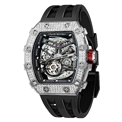 TSAR BOMBA Men's Watch Automatic 50M Waterproof Mechanical Wristwatch Skeleton Tonneau Design Luxury Square Stylish Sports Work Analogue Watches for Men Gift for Men Silicone Strap