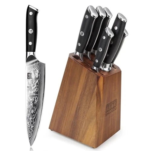 Limited-time offer: SHAN ZU Knife Set with Block, Damascus Kitchen Knife Sets 7-Piece Professional Knife Damascus Sets for Chef, Japanese High Carbon Super Steel 67 Layers Knife Block Set with G10 Handle from 248.97 GBP to 219.95 GBP (save 12%)