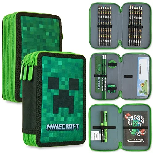 Minecraft Estuche de Lápices para Niños con Múltiples Compartimentos, Incluye Papelería - Material Escolar (Verde Creeper)