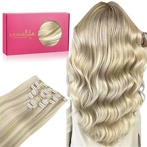 Tijdelijke aanbieding: Wennalife Clip-in extensies, echt haar, 60 cm, 120 g, 7 stuks, asblond, highlights platinablond, Remy-clip-in haarverlenging, natuurlijk echt haar van 208.60 € naar 208.60 € (0.00% korting)