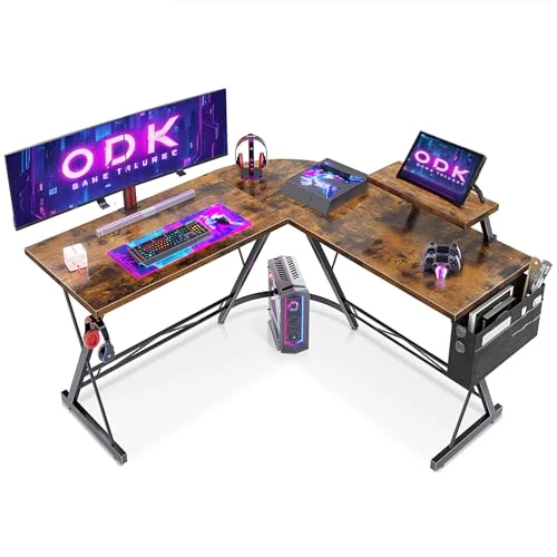 ODK Bureau Gaming Angle, 127x127cm Bureau Gaming avec Support pour Moniteur, Table en L pour Le Travail à Domicile et Gaming, Marron Vintage