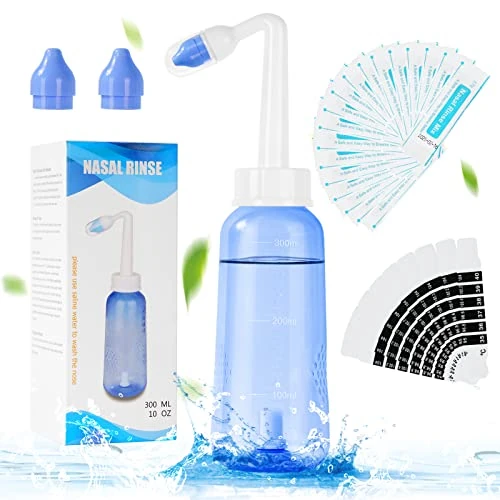 URAQT Lavado Nasal Botella Vacía, 300ml Irrigador Nasal con 2 Boquillas, Neti Pot con 20x Sal Lavado Nasal y 10x Termómetro Pegatina, Limpiador Nasal para Alivio Congestión Nasal y Limpieza Nasal