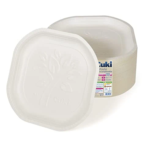 Cuki Platos planos de cartón biodegradable y compostable, ideales con alimentos líquidos y calientes, 1 paquete de 75 unidades, para picnics, fiestas, barbacoas, almuerzos y cenas, 20,3 x 20,3 cm