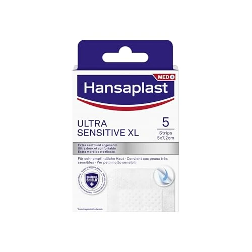 Offerta a tempo: Hansaplast Cerotti ULTRA SENSITIVE XL, Cerotti medicazione per la protezione di ferite medio-grandi, Con adesivo al silicone morbido e delicato sulla pelle, 1 Confezione da 5 Pezzi 5 x 7,2 cm - 0.00% da 3.35 € a 3.35 €