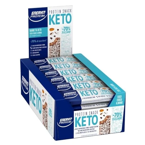 Enervit, Protein Snack Keto Coco Choco Almond, -70% di Zuccheri, Ricco in Proteine, Per il Controllo del Peso, Indicato per la Keto Diet, VeganOK, Senza Glutine, 30 Barrette da 35g
