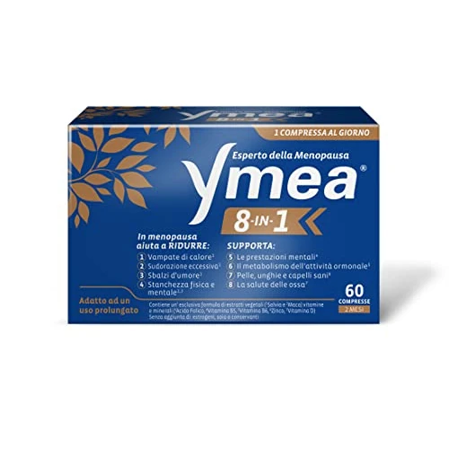 Ymea 8-in-1 voedingssupplement expert voor de menopauze, goed tegen de 8 meest voorkomende menopauzale ziekten, ondersteunt de stofwisseling en de gezondheid van de botten, 60 tabletten, wit, 26 g