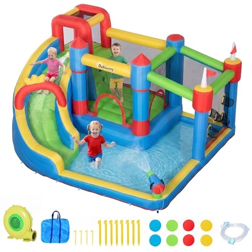 Outsunny Nadmuchiwany zamek dla dzieci 5 w 1 ze zjeżdżalnią, trampoliną, basenem i pistoletem wodnym, w zestawie inflator i śledzie, wiek 3-8 lat