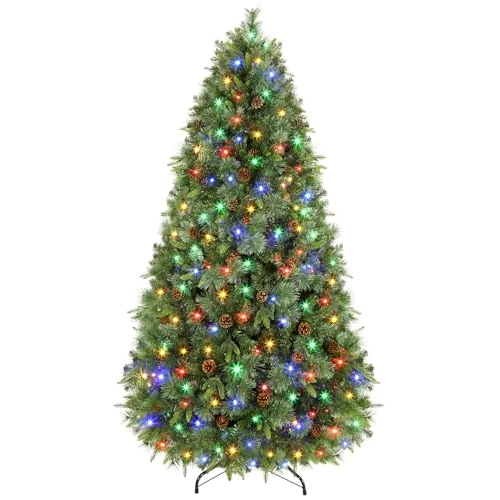 SHareconn 6ft Pre-Lit Premium kunstmatige scharnierende dennenkerstboom met meerdere kleuren, 60 dennenappels en 1 opvouwbare metalen standaard, levensechte weelderige takken, perfect decor voor Kerstmis, thuis, kantoor