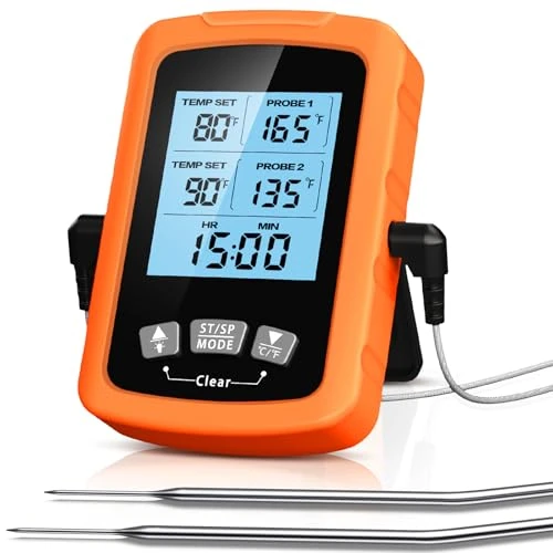CIRYCASE Cyfrowy termometr do mięsa, szybki i precyzyjny termometr do piekarnika z dwoma sondami ze stali nierdzewnej 16,3 cm, z automatycznym włączaniem/wyłącznikiem, timerem i ekranem LCD, do