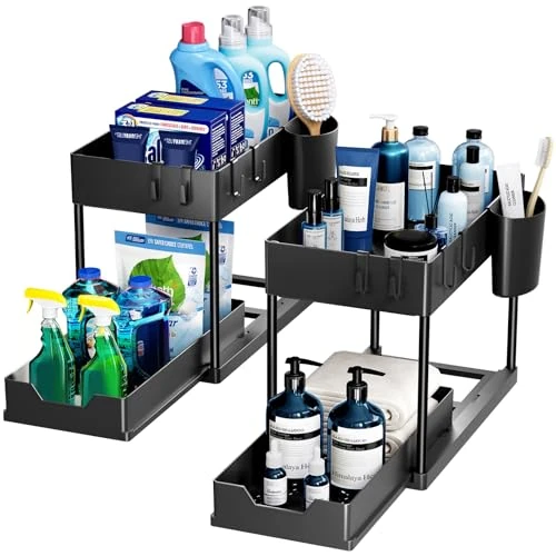 Offre limitée : Puricon Lot de 2 Rangement sous Évier à 2 Étages, Organisateur Cuisine avec Tiroirs Amovibles, Rangement Coulissant sous Évier, Organisateur Placard, Étagère, Panier Coulissant pour Cuisine -Noir de 31.99 € à 31.99 € (0.00% de remise)