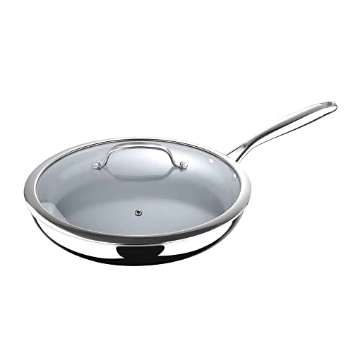 MasterPro Argent 3, 30cm koekenpan met gehard glazen deksel, bekleed kookgerei, keramische antiaanbaklaag, Triply roestvrijstalen pan met geklonken verblijf Cool handvatten.