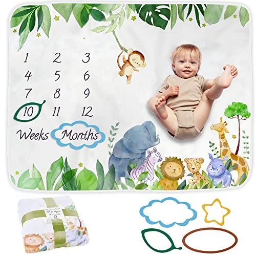 Offerta a tempo: Coperta per bambini, tappetino fotografico mensile per neonato o ragazza, unisex, tema safari, regalo personalizzato per baby shower per neomamme, tappetino per età, morbido e confortevole, include - 0.00% da 9.99 € a 9.99 €