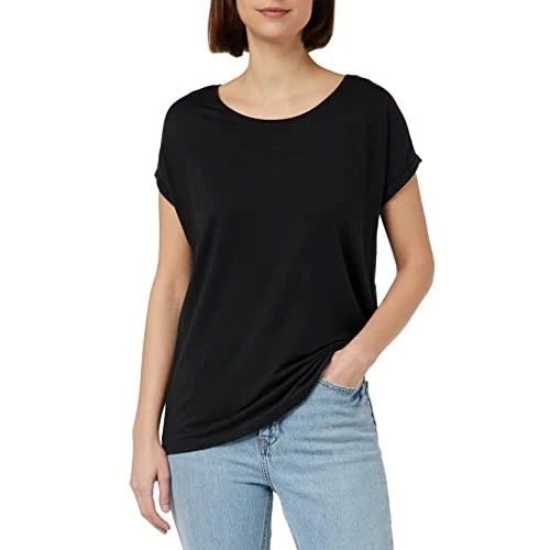 VERO MODA Damen Einfarbiges Stretch T-Shirt Basic Rundhals Top Oberteil Tief Angesetzte Schultern VMAVA, Farben:Schwarz, Größe:XS
