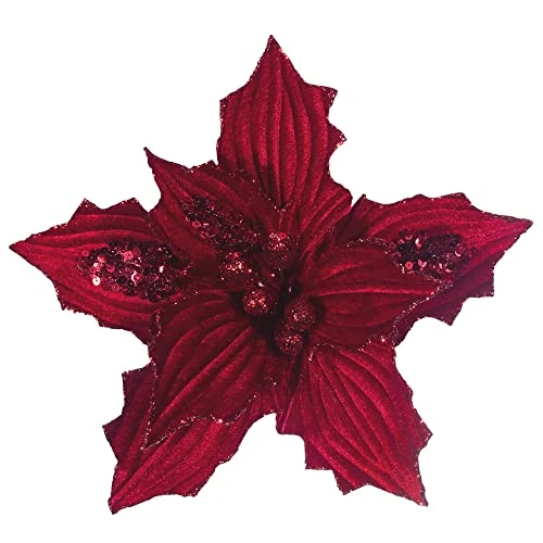 KI Store 6 Pcs Large Red Velvet Star Lace Stalk Artificial Star Poinsettia for Christmas Tree DIY Decorations Christmas Flowers Christmas Decorations
