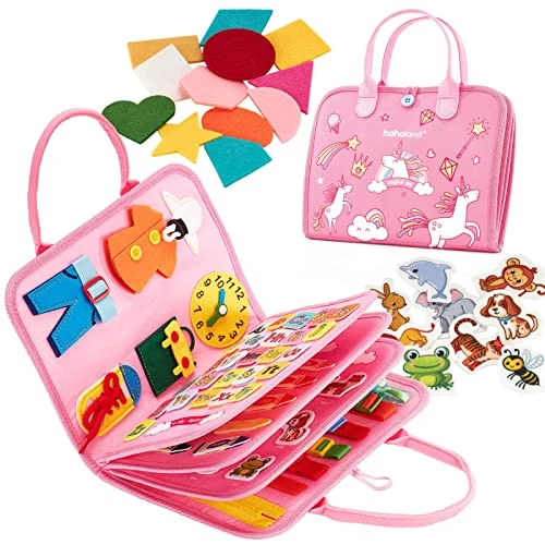 Limited-time offer: Hahaland Montessori Busy Board for Children of 3+ Years Old, Activity Sensory Book Offers Preschool Educational Skill Learning, Quiet Travel Toys for Plane Car, Birthday Gifts for Girls - Pink Unicorn from 23.59 GBP to 16.02 GBP (save 32%)