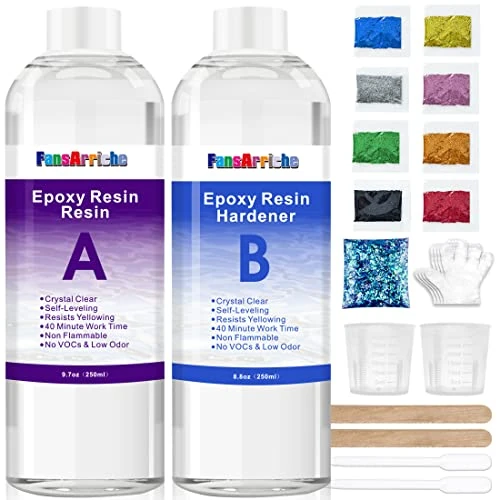 FansArriche Epoxy Resin kit- 500 ml /18.5 oz Crystal Clear Epoxy Resin for Casting and Coating, Table Tops, Jewelry Making and Craft Decoration