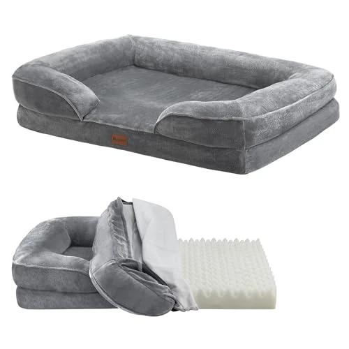 Juskys cama para perro ortopédico Sheena L, lavable y antideslizante, 72 x 60 x 17 cm, sofá mullido y gris para perros medianos - cama para mascotas sofá para perros