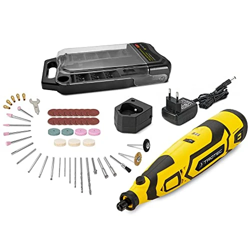 TROTEC PMTS 01-12V Akumulatorowe elektronarzędzie wielofunkcyjne z 51-częściowym zestawem akcesoriów i 7-stopniowa prędkośc obrotowa do cięcia, szlifowania, frezowania, grawerowania i polerowania