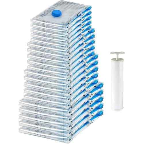Limited-time offer: Amazon Basics Vacuum Compression Zipper Storage Bags with Hand Pump, 20 Count, 4 Pack of 5 (Small, Medium, Large & Jumbo), Multiple, Clear from 17.60 £ to 13.60 £ (save 23%)