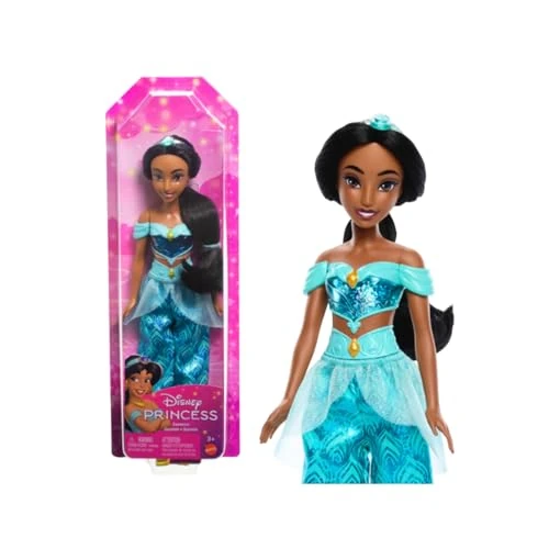 Mattel Disney Prinzessin-Spielzeug, bewegliche Jasmin-Modepuppe mit glitzernder Kleidung und Accessoires, inspiriert vom Disney-Film, Geschenk für Kinder, HLW12