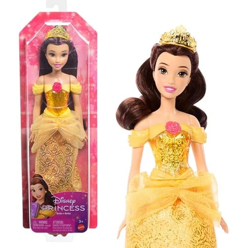 Mattel Disney Prinzessin-Spielzeug, bewegliche Belle-Modepuppe mit glitzernder Kleidung und Accessoires, inspiriert vom Disney-Film, Geschenk für Kinder, HLW11