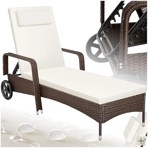 TecTake Ligstoel Van Polyrotan Met Wielen - 6-Voudig in Hoogte Verstelbaar Ligbed - Tot 120 Kg - Wicker (Weerbestendig) - Inclusief Vulling en Kussens - Diverse Kleuren (Bruin)