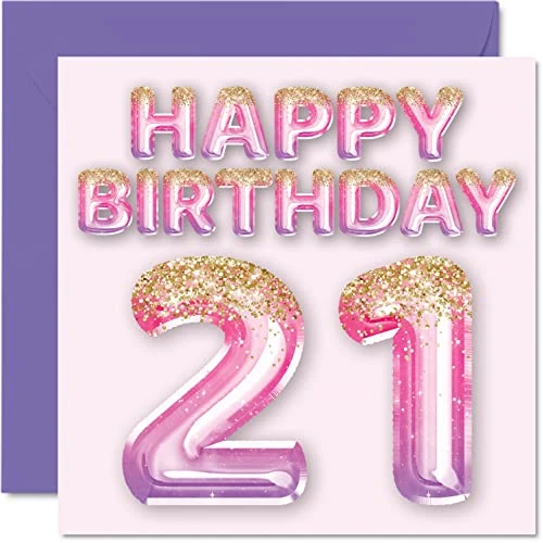 Carte de 21e anniversaire pour femme – Ballons à paillettes roses et violets – Cartes d'anniversaire pour femme de 21 ans fille sœur tante cousine