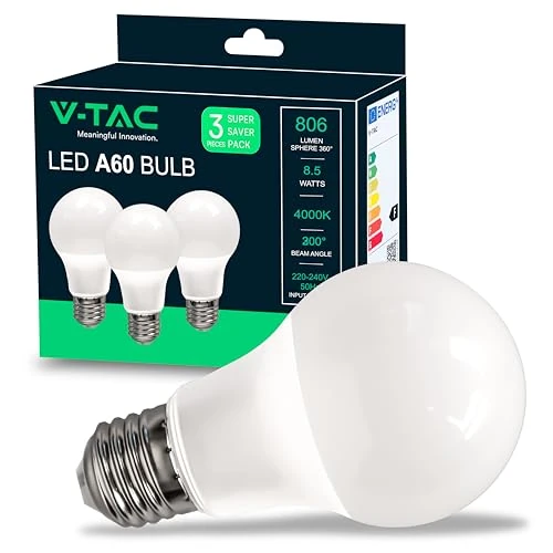 Offerta a tempo: V-TAC Lampadina LED con Attacco E27 8,5W (Equivalenti a 60W) A60 806 Lumen - 4000K Luce Bianca Naturale (Box 3 pezzi) - 59% da 8.22 € a 3.35 €