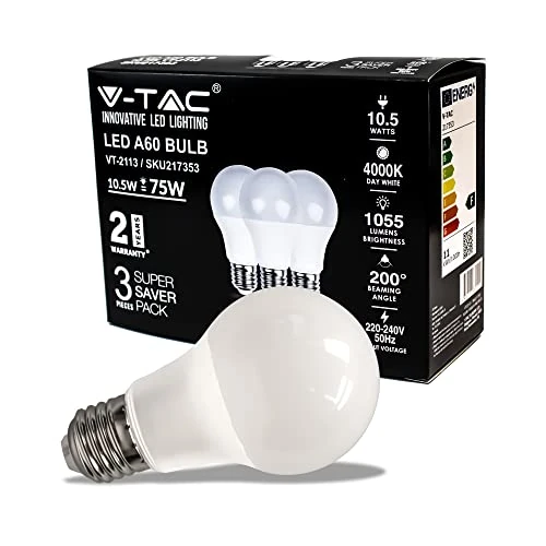 Offerta a tempo: V-TAC Lampadina LED con Attacco E27 10,5W (Equivalenti a 75W) A60-1055 Lumen - Lampadina LED Massima Efficienza e Risparmio Energetico - Luce 4000K Bianca Naturale (Box 3 pezzi) - 36% da 9.90 € a 6.29 €