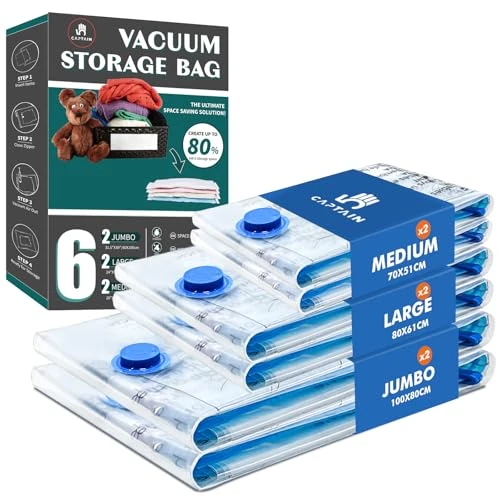 Offerta a tempo: CaptainFive Sacchetti Sottovuoto Vestiti 6 Pezzi 2XL+2L+2M, Sacchi Sottovuoto Piumoni con Valvola per Aspirapolvere, Buste Salvaspazio per Coperte, Cuscini, Cappotti, Armadio e Trasloco - 7% da 14.99 € a 13.99 €